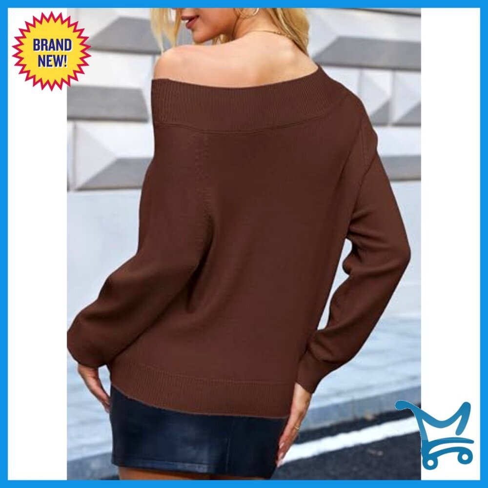 Off Shoulder Sweater Cozy Pullover Long Sleeve Chic Casual Fall Winter Outfit - Picture 2 of 7